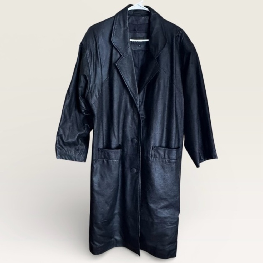 COMINT Vintage 80s Leather Trench Coat Black Button Womens Large